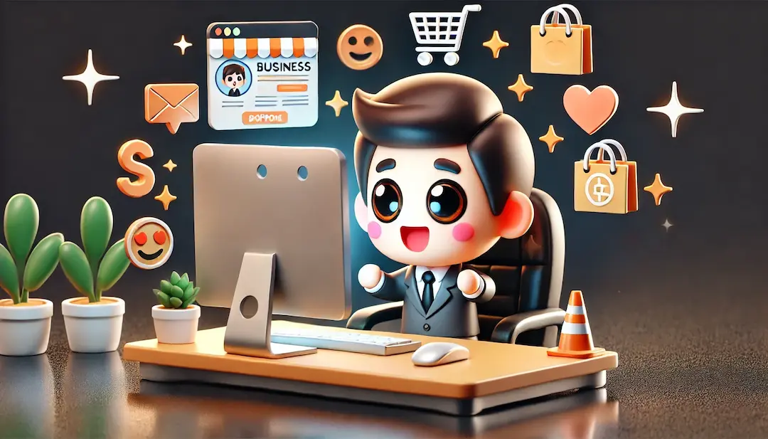 Illustration kawaii en 3D d'un entrepreneur assis devant un ordinateur, avec un fond sombre et des accents lumineux, représentant la mise en ligne de son site et l'étape d'attraction des premiers clients