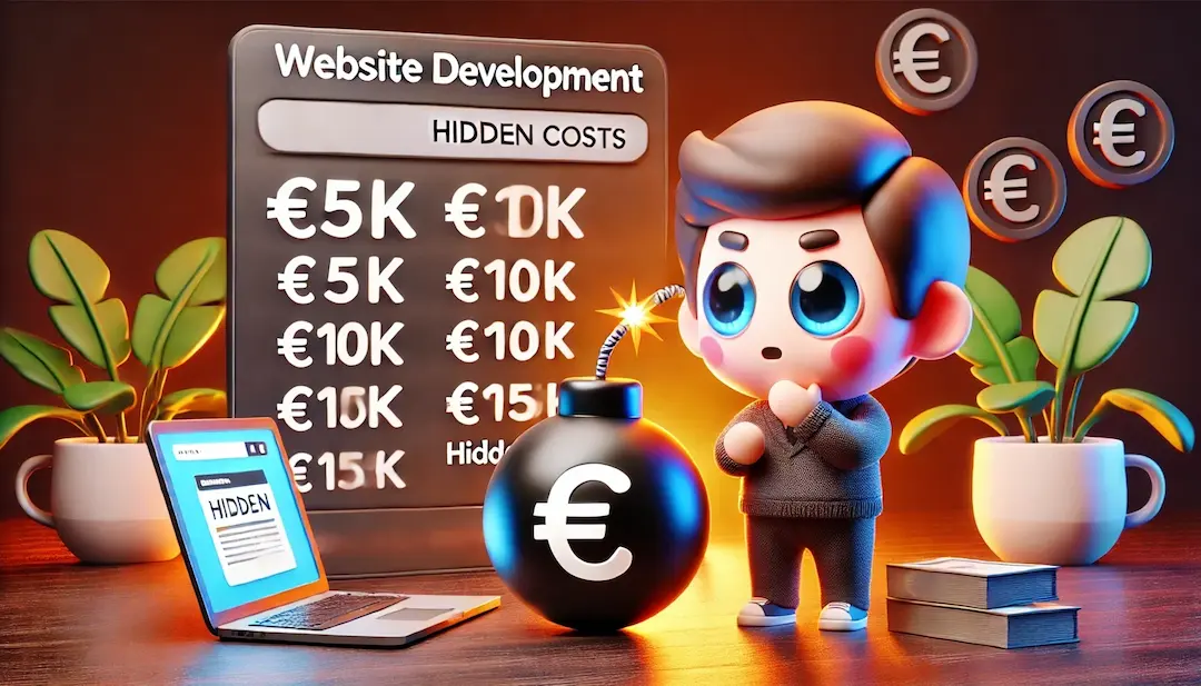 Illustration 3D kawaii d'un entrepreneur perplexe tenant un devis de développement de site web, avec des prix en euros comme €5K, €10K, et €15K, et un ordinateur portable avec un design web à l'écran