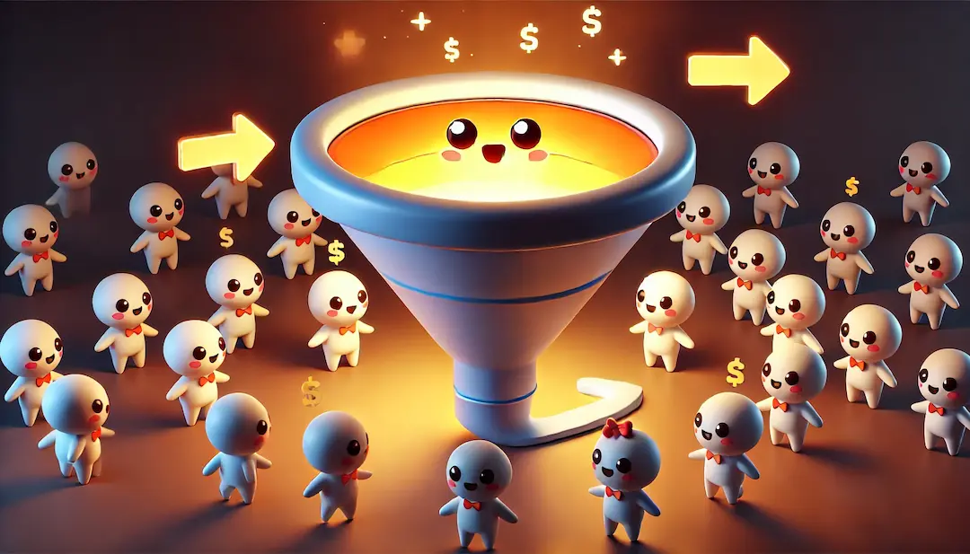 Illustration 3D kawaii montrant un entonnoir de conversion lumineux avec une douce lumière orange à l'intérieur. De petits personnages humains sont attirés vers l'entonnoir, symbolisant des clients potentiels. Le fond sombre avec des accents lumineux oranges met en avant le processus de conversion de manière ludique et professionnelle.