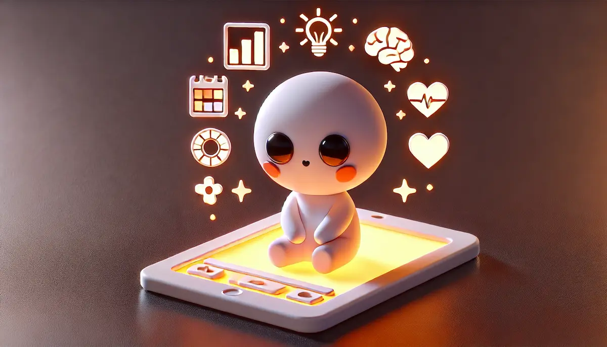 une petit personnage blanc et mignon assis sur un écran de tablette orange lumineux