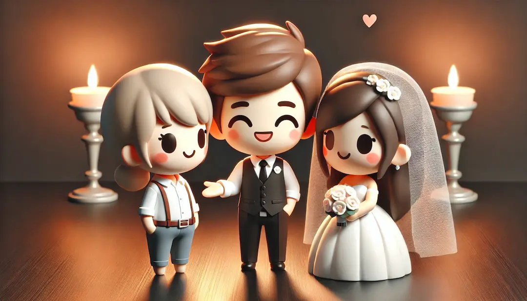 Illustration 3D kawaii représentant une wedding planner souriante à côté d'un couple marié, symbolisant une relation à long terme et la personnalisation du service. Le couple semble satisfait et heureux, illustrant l'idée de fidélisation après le mariage. Le fond sombre avec des accents lumineux orange crée une ambiance chaleureuse et professionnelle axée sur la connexion humaine et la satisfaction.